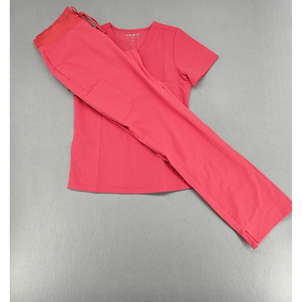 Mandala Equa-Tek Stretch Medical Scrubs Set V-Neck Top XS Tall Small Pants Coral